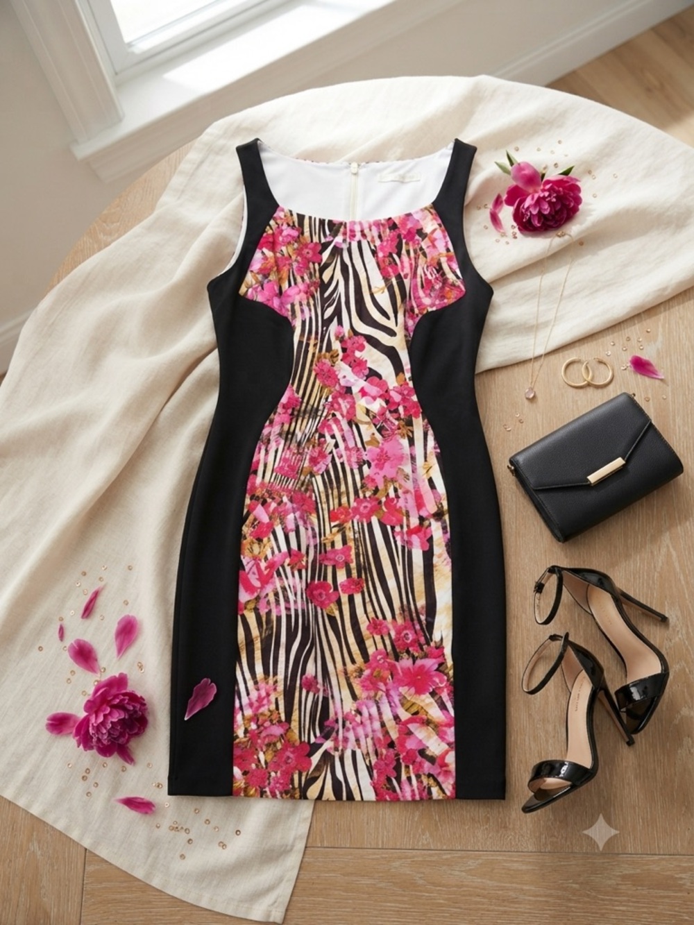 Boston Proper Floral Zebra Colorblock Illusion Sheath Dress Size 10